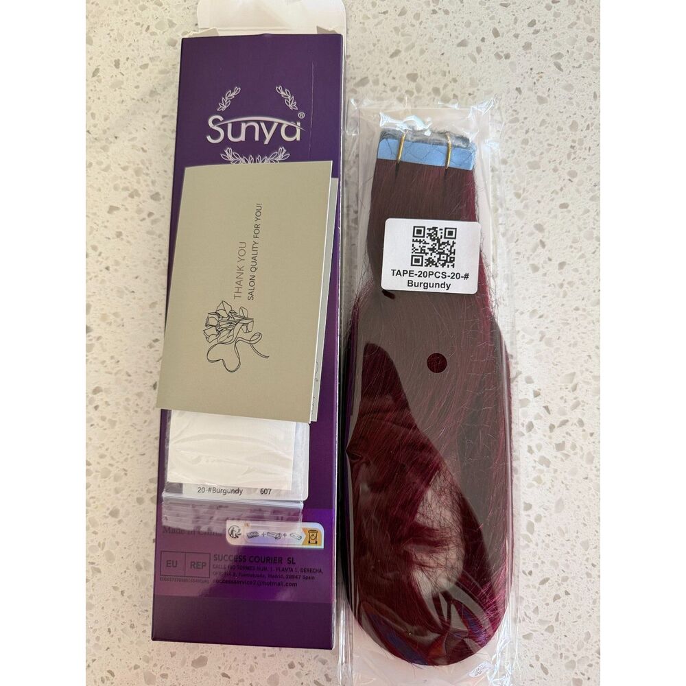 Sunya 99J Burgundy Remy Human Hair Tape-In Extensions 20in 50g